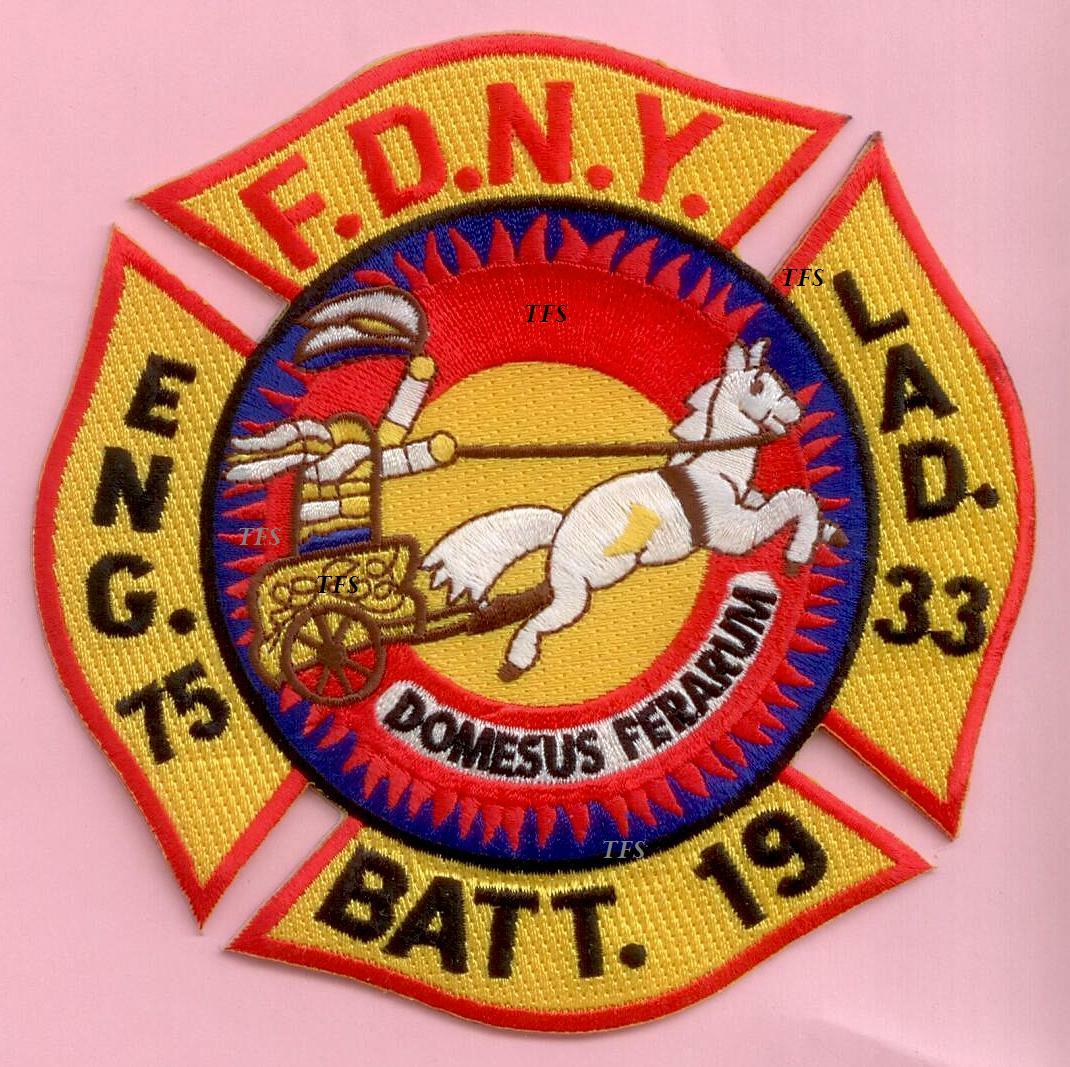 New York City Fire Dept Engine 75 Ladder 33 Battalion 19 Patch Yellow Maltese