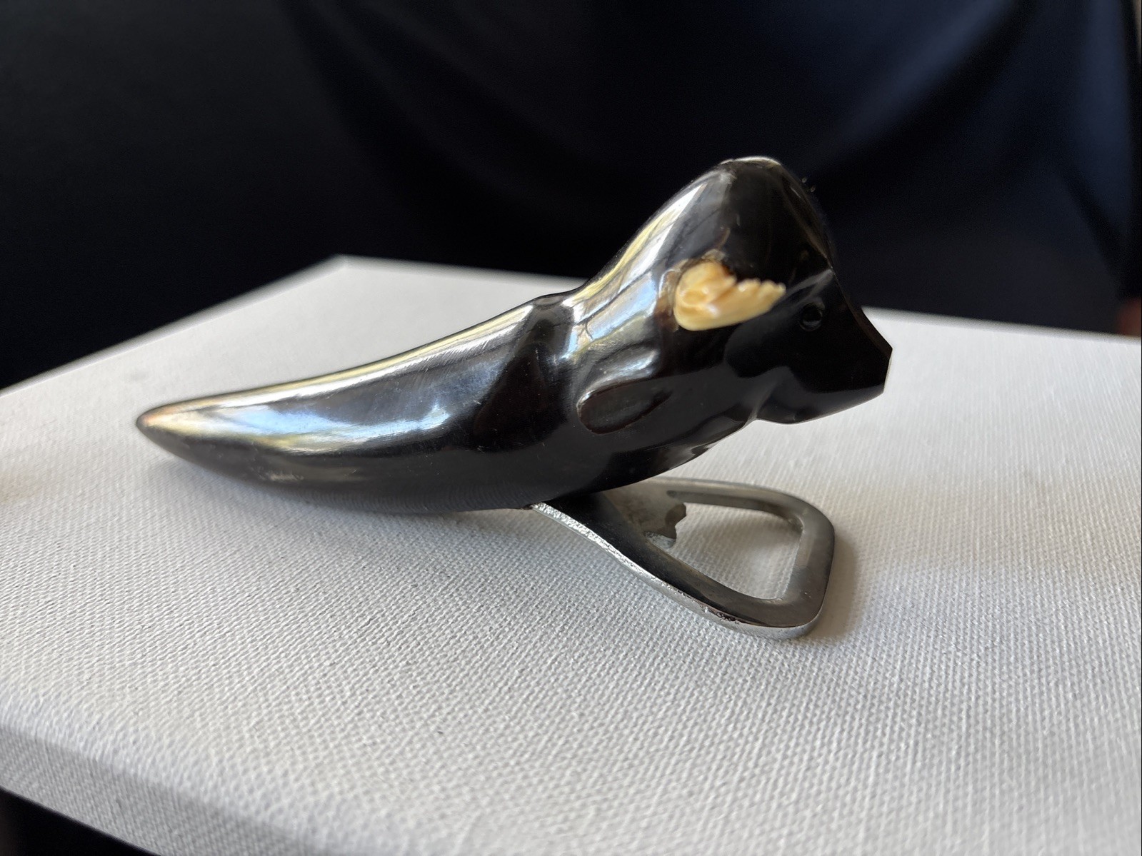 1950s  Bottle Opener - Hand Carved  Horn and Inox in the Shape of a Bull Head