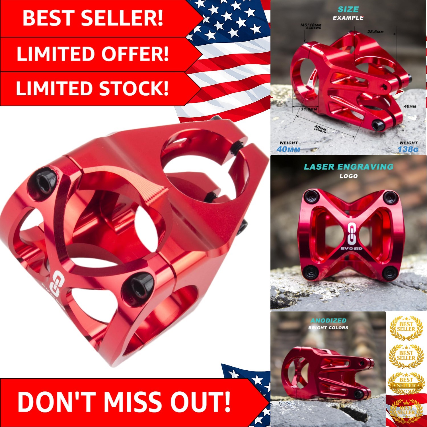 Red MTB Handlebar Stem 31.8 - Durable Aluminum for Enhanced Cycling Performance