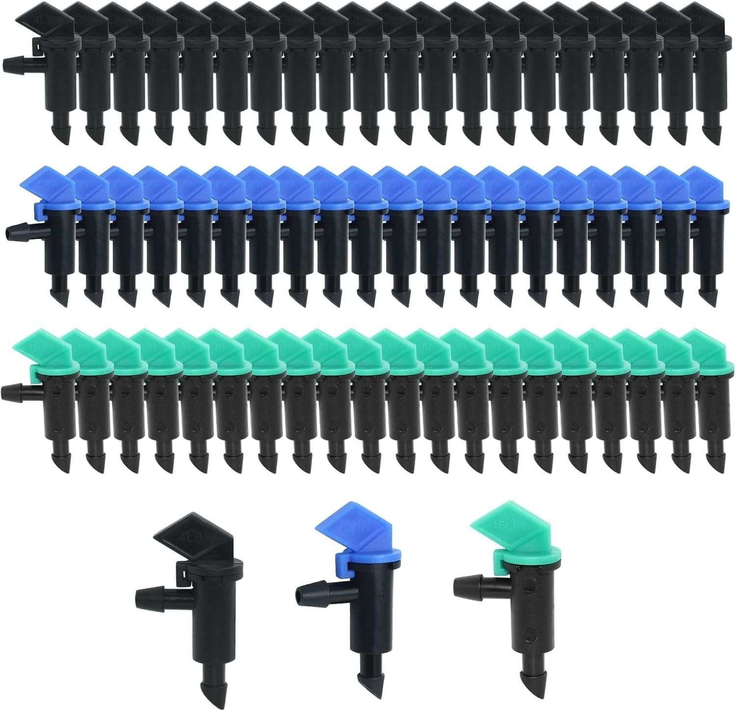 60 Pieces Drip Emitter, Garden Flag Irrigation Dripper 3 Sizes 1 GPH, 2 GPH 4 GP