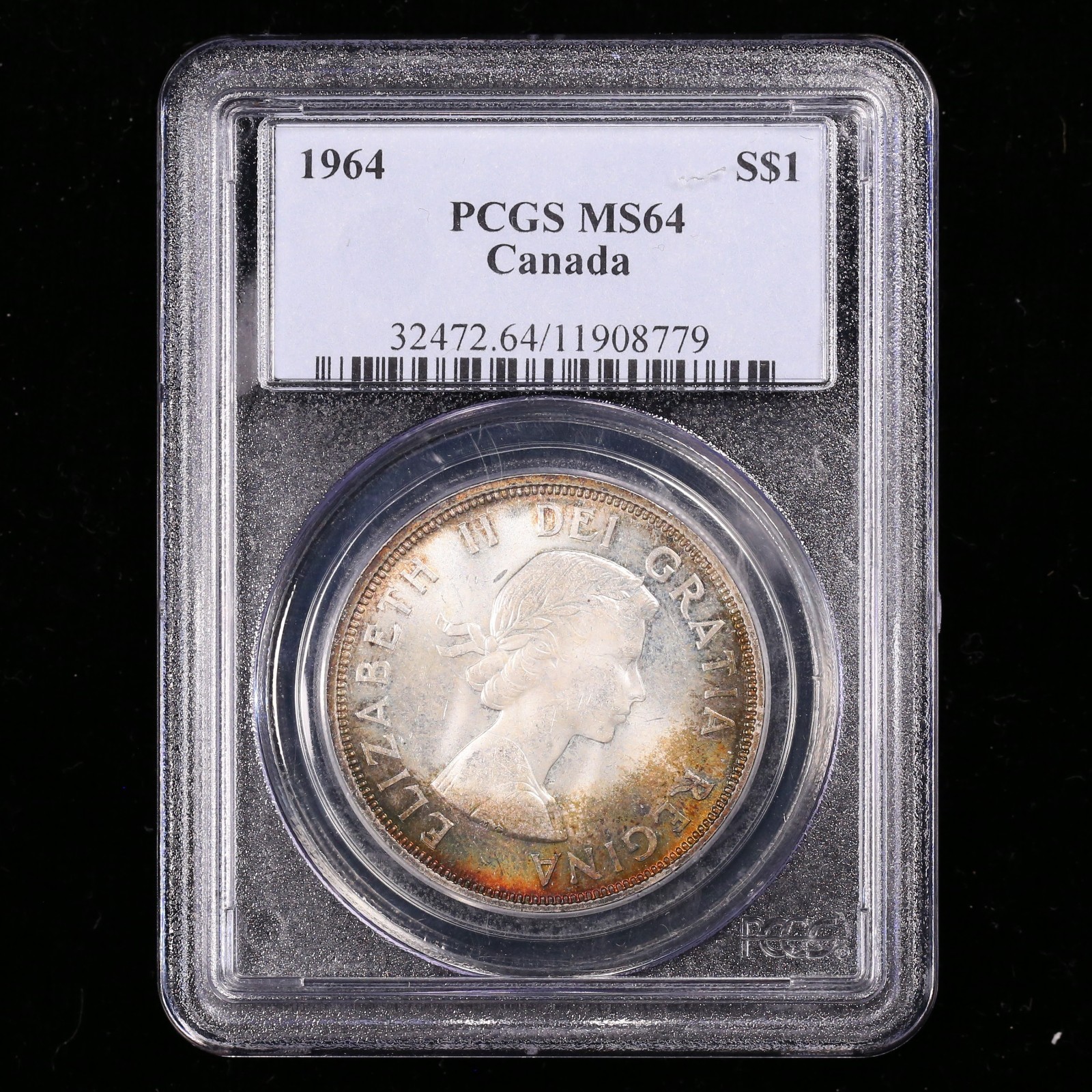 1964 $1 PCGS MS64 Toner Canada Silver Dollar Uncirculated Crescent Toning