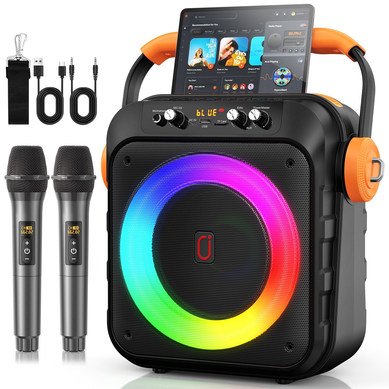 Portable Karaoke Machine 2 Wireless Mics Bluetooth Party Speaker RGB LED Lights