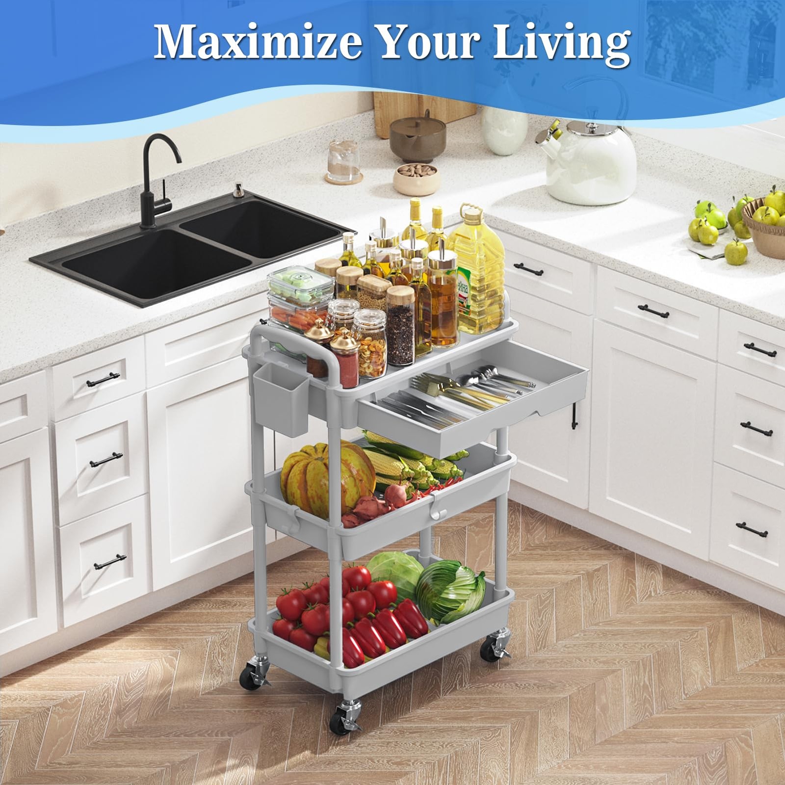 Gray 3 Tier Rolling Cart Drawer Bathroom Storage Organizer Lockable Wheels
