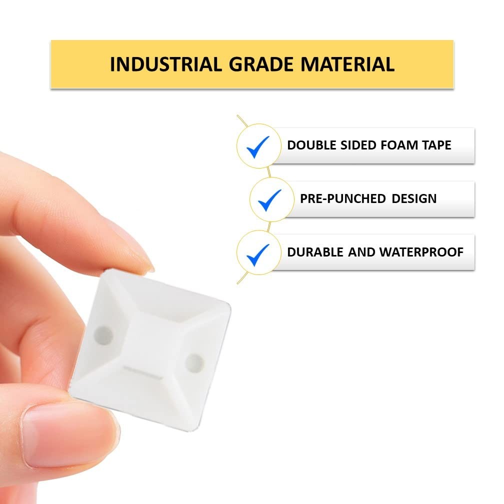 Zip Tie Mounts 1-1/2” Sq Natural White 100 Pcs Adhesive Backed Multi-Purpose ...