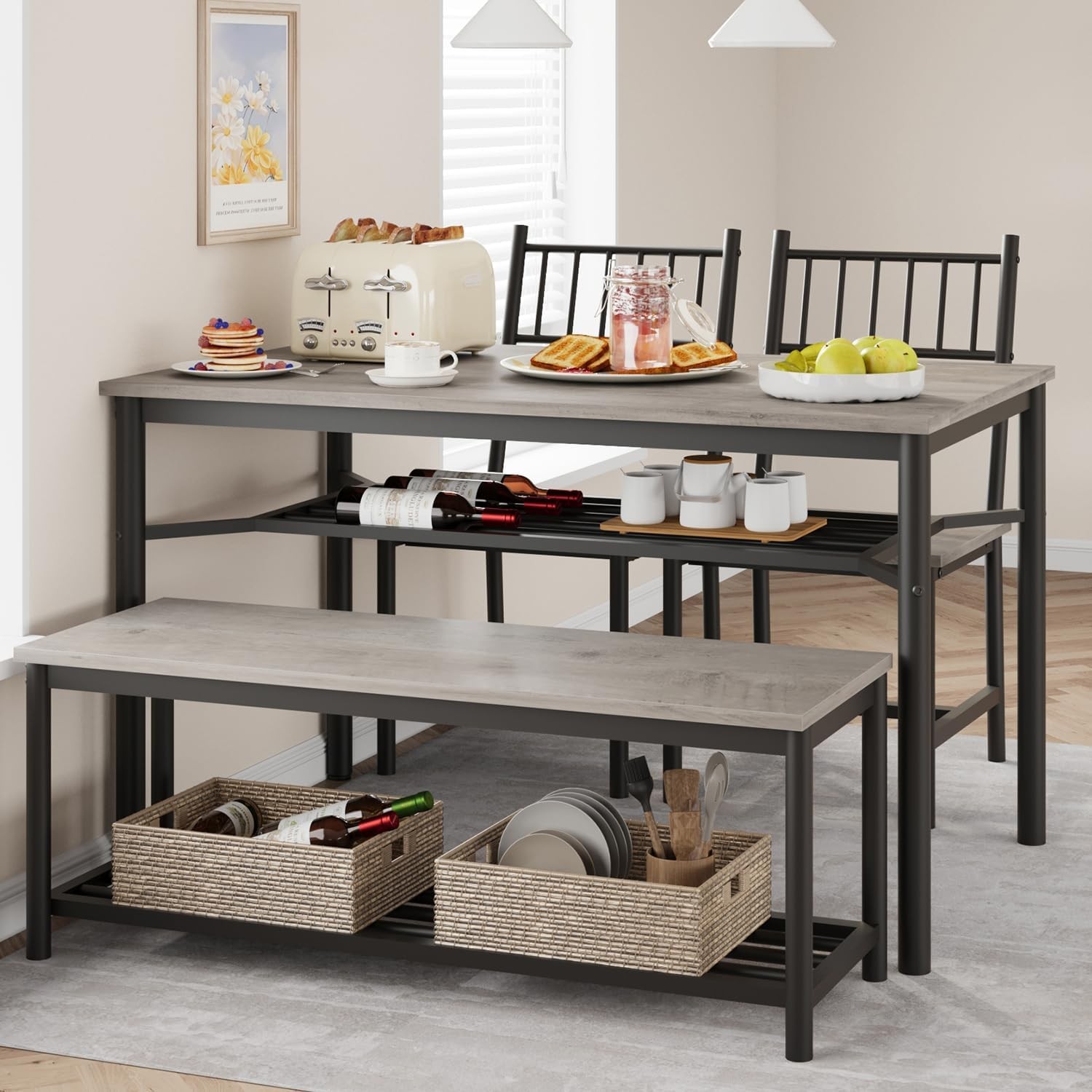 Dining Table Bench & 2 Chairs Set for 4,Rectangular Kitchen Table with Wine Rack