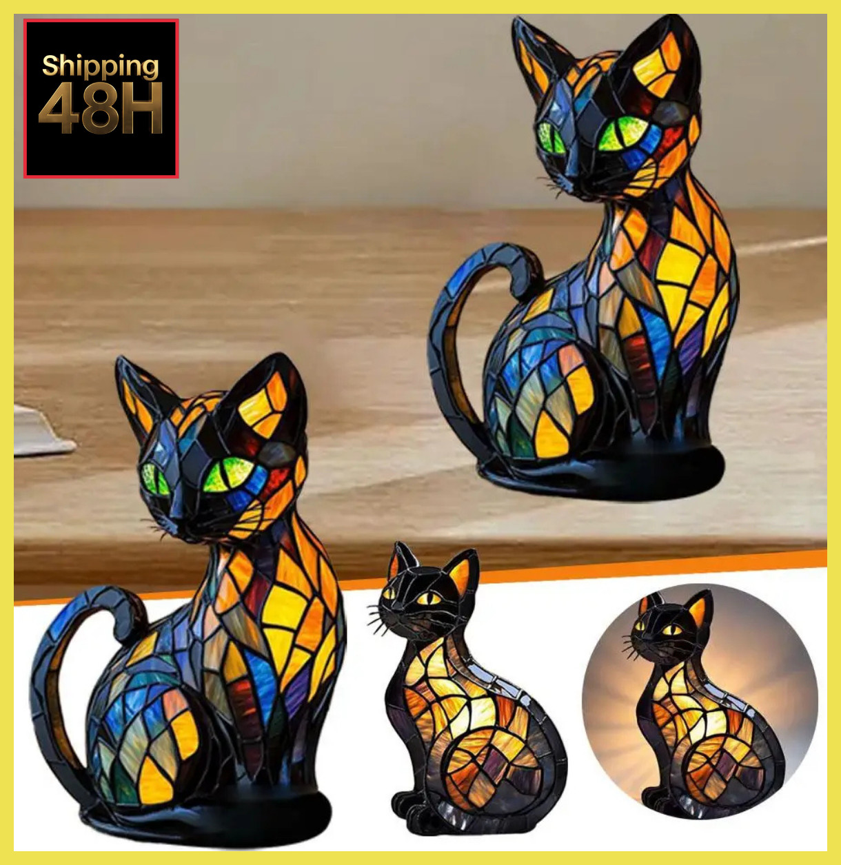 Cat Lamp,Retro Cats Stained Resin Cat Tabletop Night Light,Stained Animal Lam