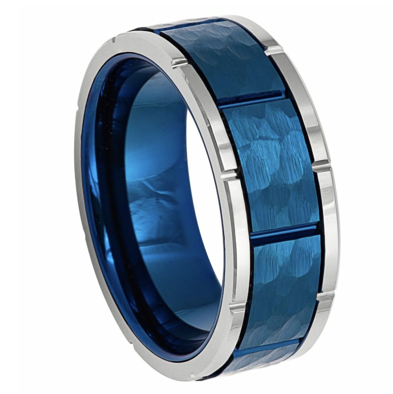 Men 8mm Blue Hammered Finish Side Notches Tungsten Carbide Wedding Band Ring