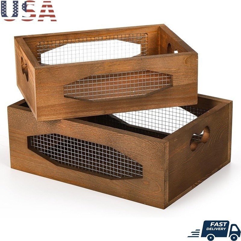 Wooden Nesting Crate Set Organization Storage Baskets Kitchen Bathroom Holder US