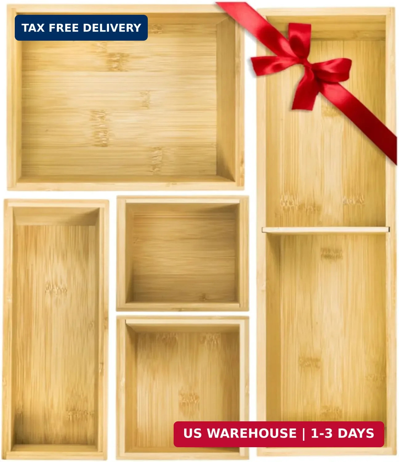 5 Pieces Bamboo Drawer Organizer, Multi-Use Individual Junk Tea Storage D