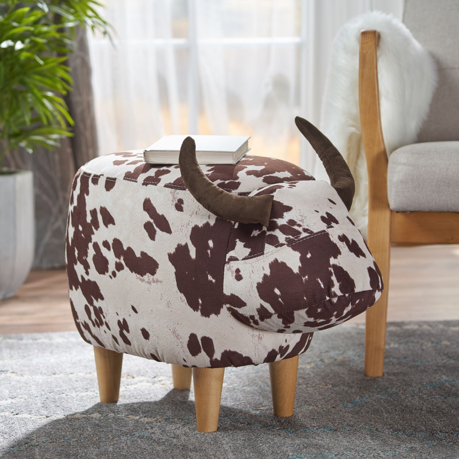 Cow Shaped Ottoman Cute Animal Footstool Wood Seat for Shoe Changing Entryway