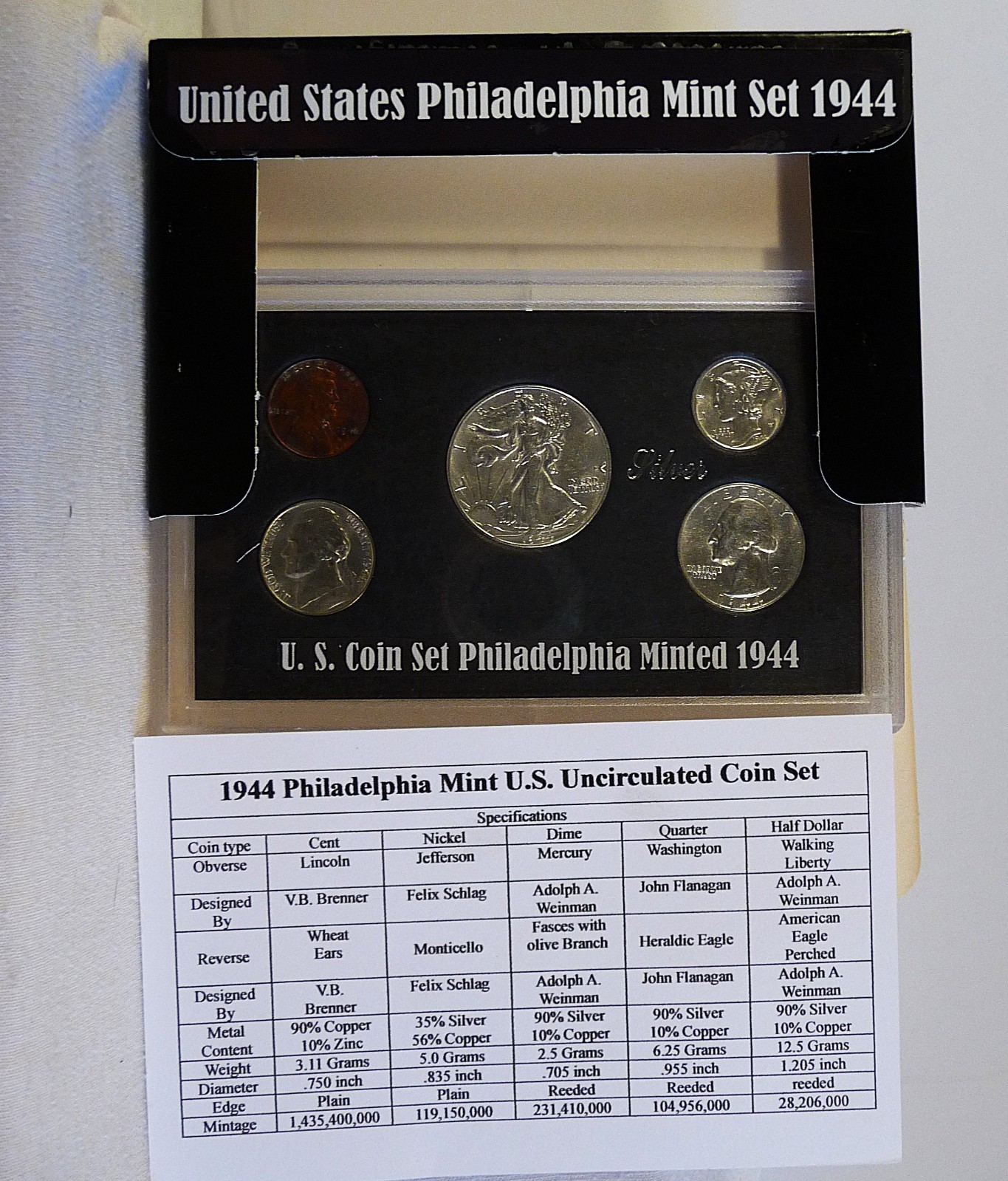 1944 P Philadelphia Mint 5 coin set Unc. Uncirculated 3 90% silver coin