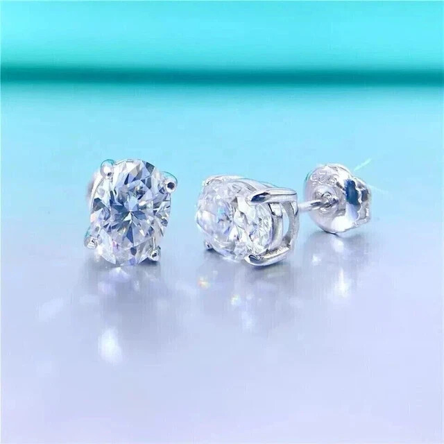 2Ct Lab Created Oval Diamond Screw Back Stud Earring 14K White Gold Plated