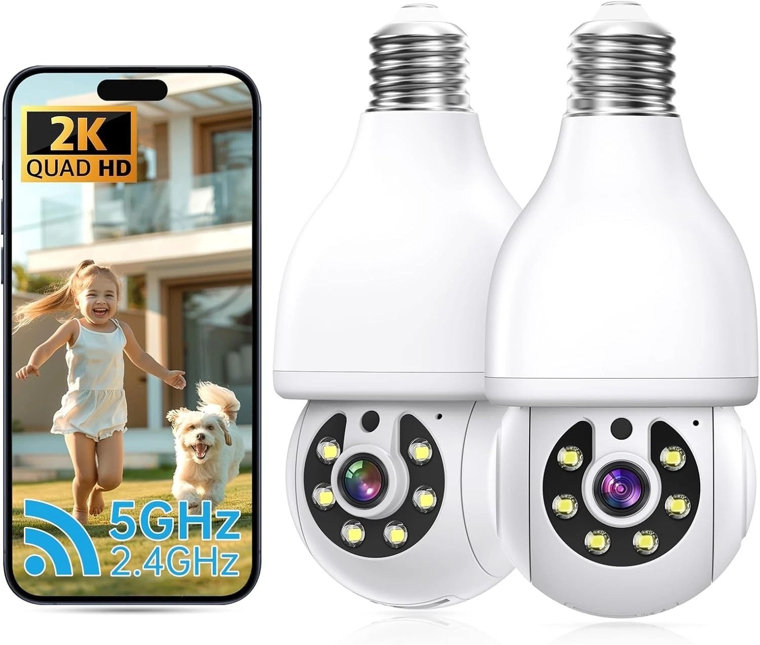 Wireless 2K HD Light Bulb Camera with Motion Detection & Two-Way Talk (2 Pack)