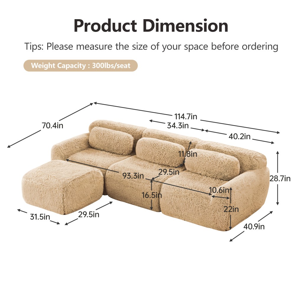 L-Shaped Plush Modular Sofa w/Ottoman, Light Khaki, No Assembly