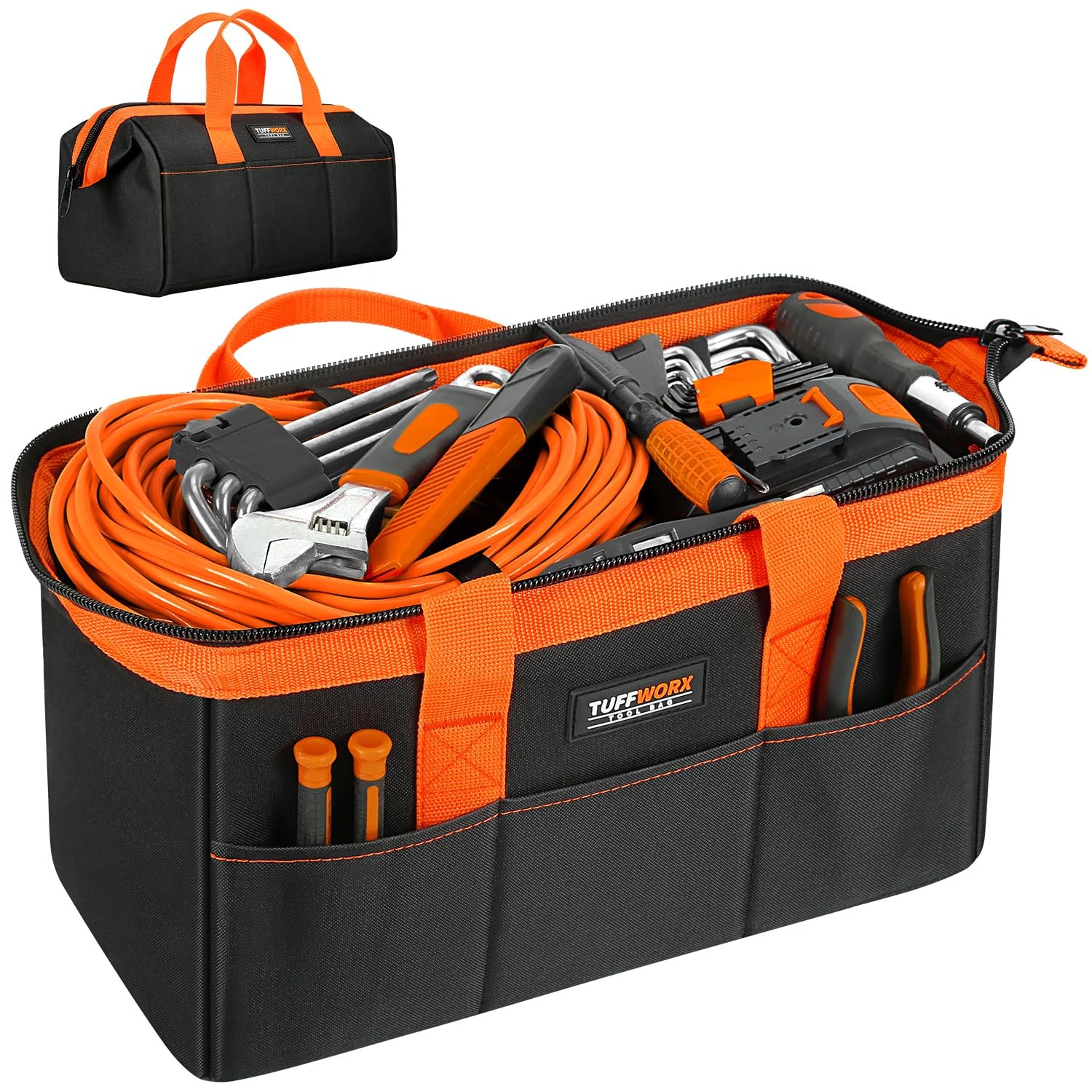 14 inch Tool Bag, Black, Orange, 600D Polyester, Heavy Duty Storage Organizer
