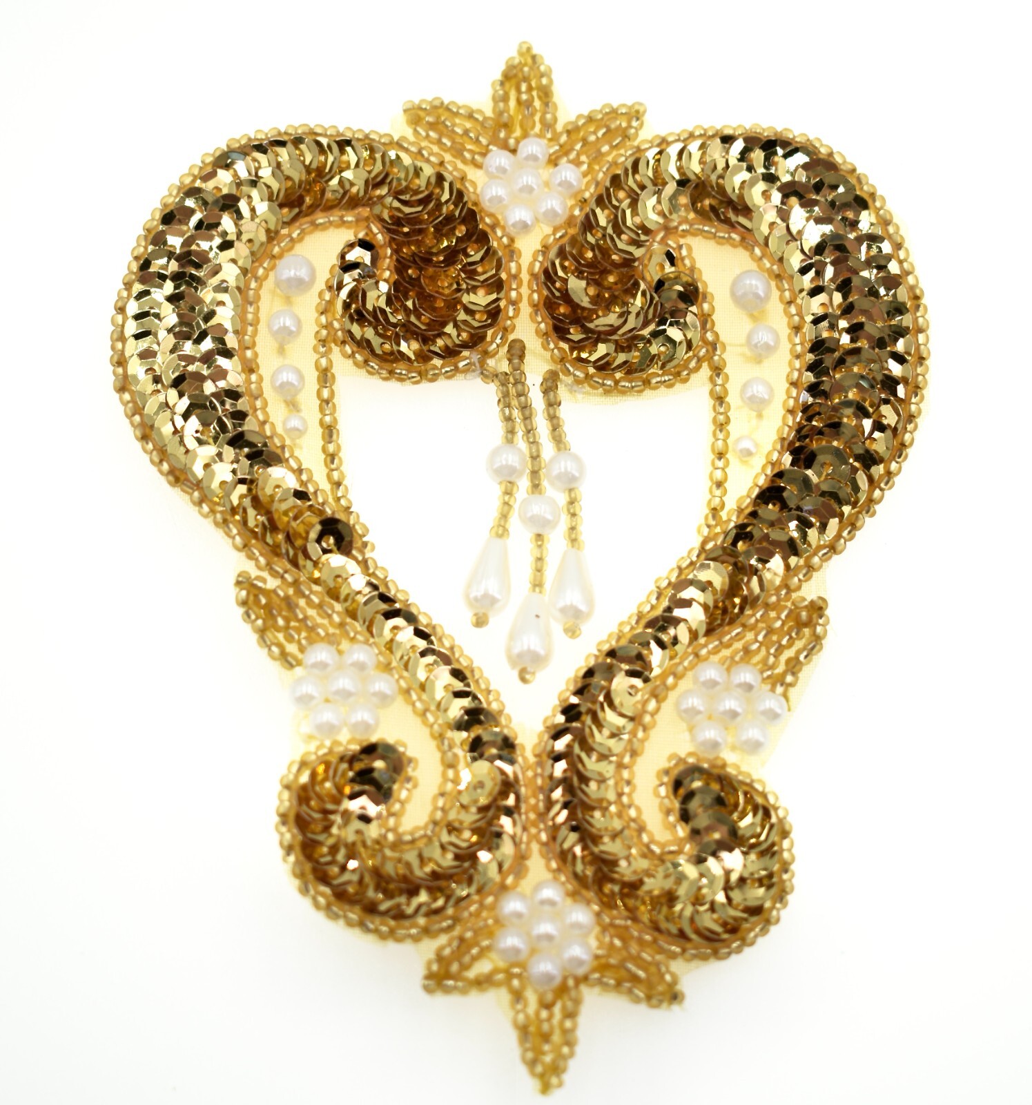 Golden Sequin Wedding Arch Applique,Dangling Pearls,Pearl Accents,Gold Sequins