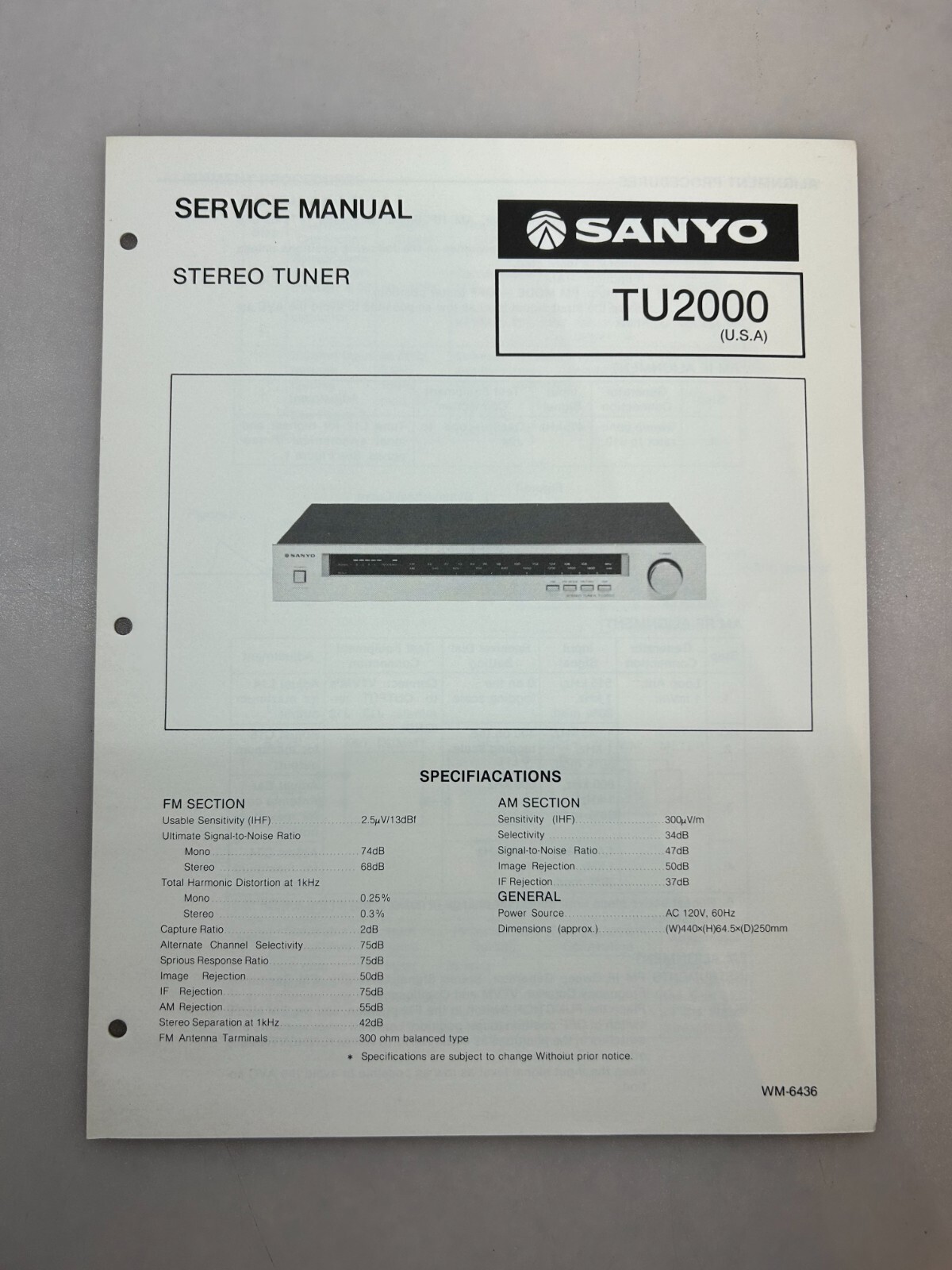 Sanyo TU2000 Original Service Manual Free Shipping