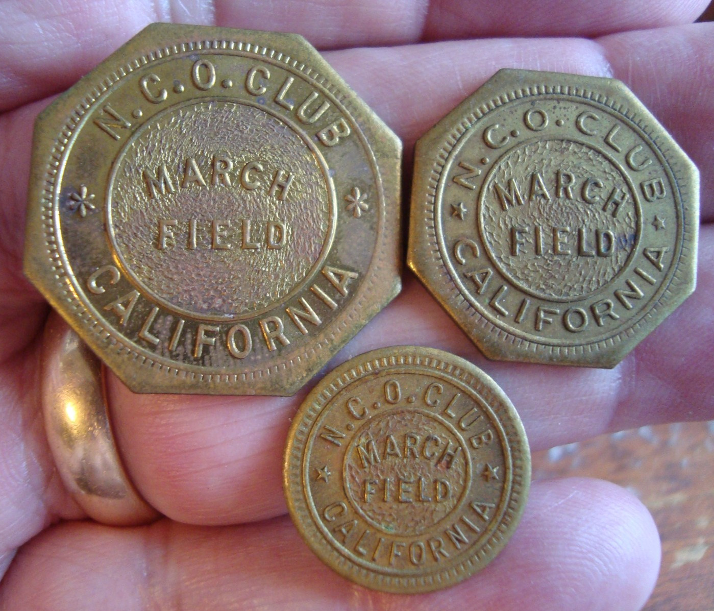 WWII U.S. ARMY AIR CORPS MARCH FIELD 50, 10, 5 CENT NCO CLUB TRADE TOKENS, COINS