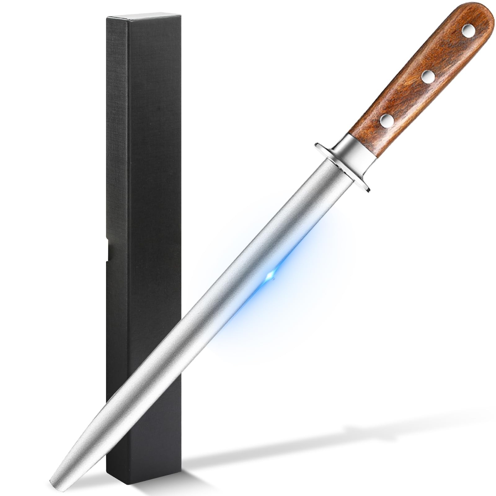 13.7 Inch Carbon Steel Knife Sharpener Honing Rod Pear Wood Handle Guard