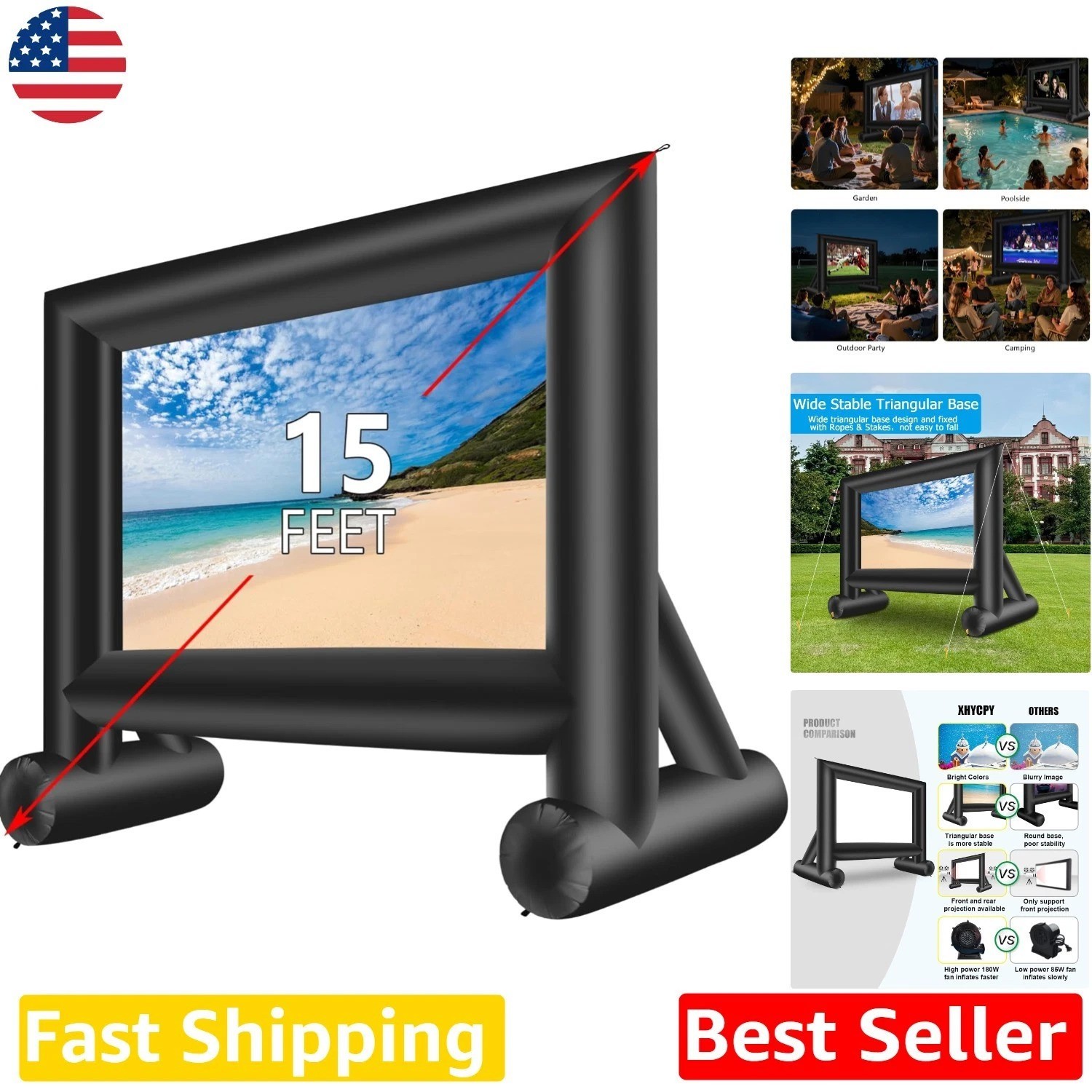 Huge 15ft Inflatable Movie Screen - Easy Set Up, Quiet Blower, Portable Theater