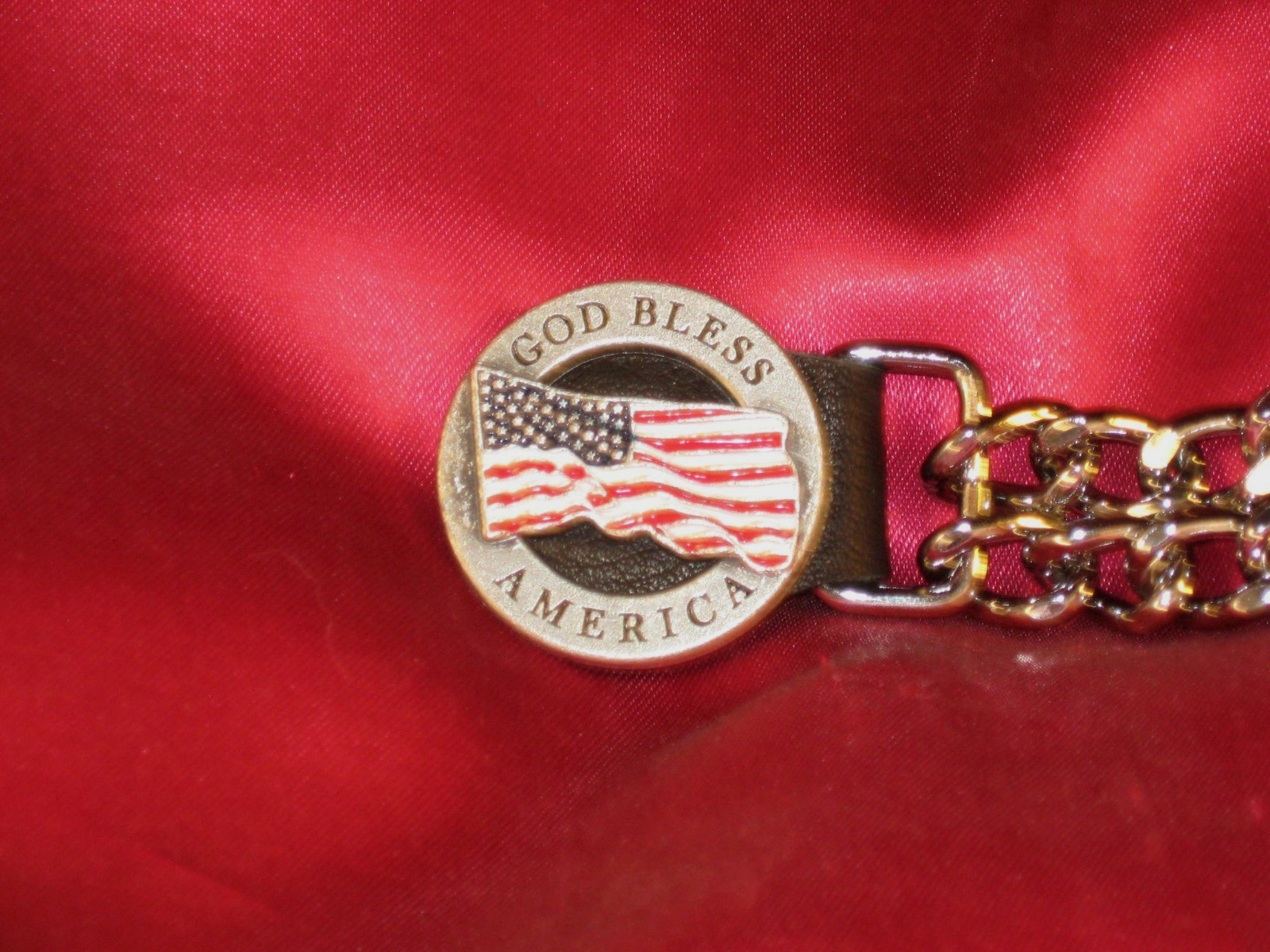 Handcrafted Leather/Dbl. Curb Chain Vest Extender "God Bless America"