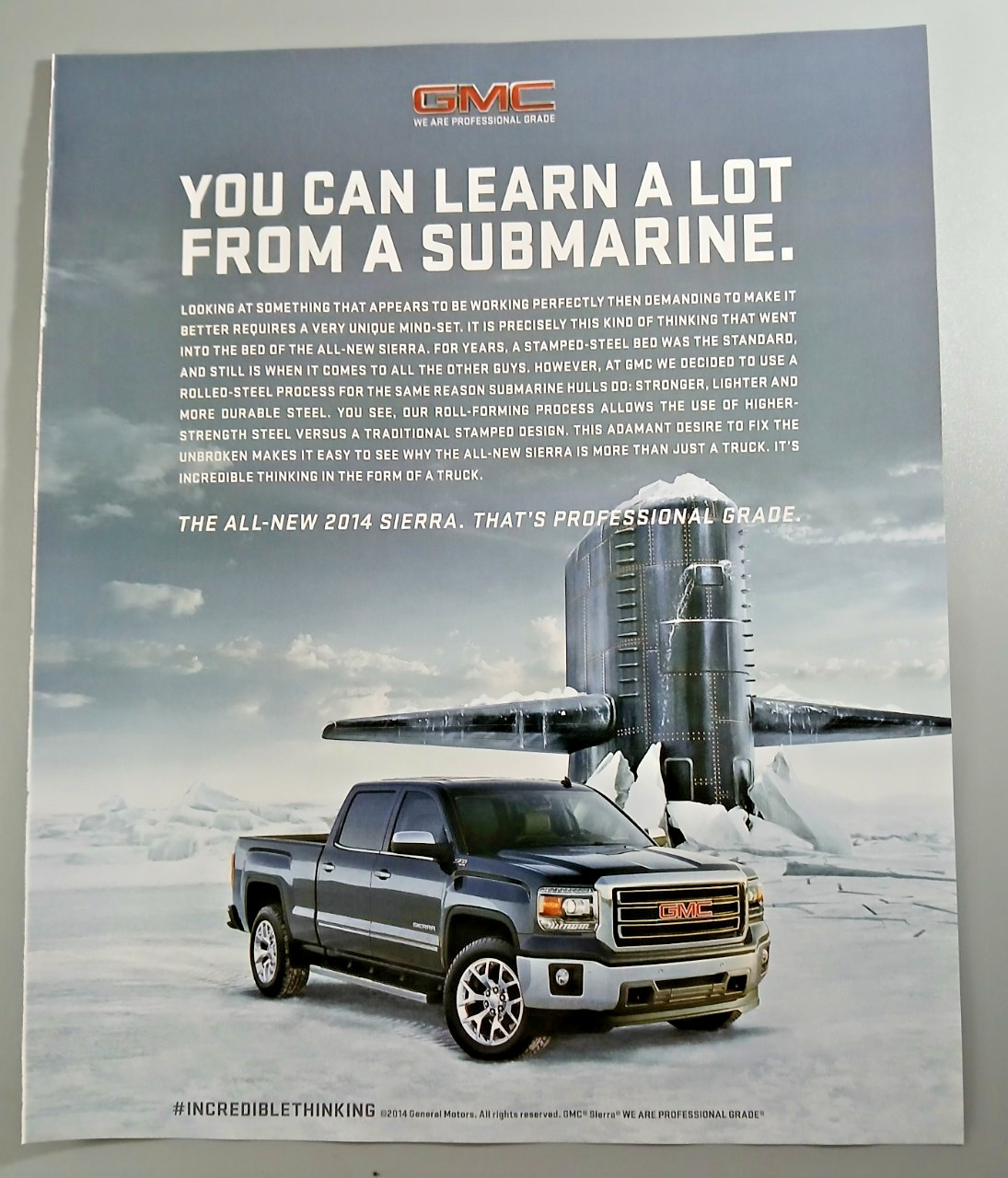 Original 2014 GMC Sierra Magazine Ad "You Can Learn a Lot from a Submarine"