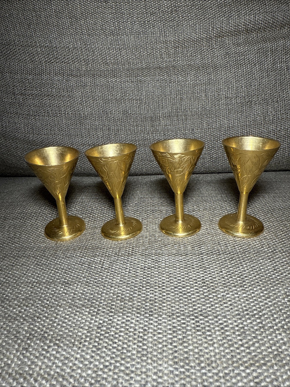 VINTAGE Solid Brass Small Cordial/Shot Glasses Hand Made & Etched INDIA Set of 4