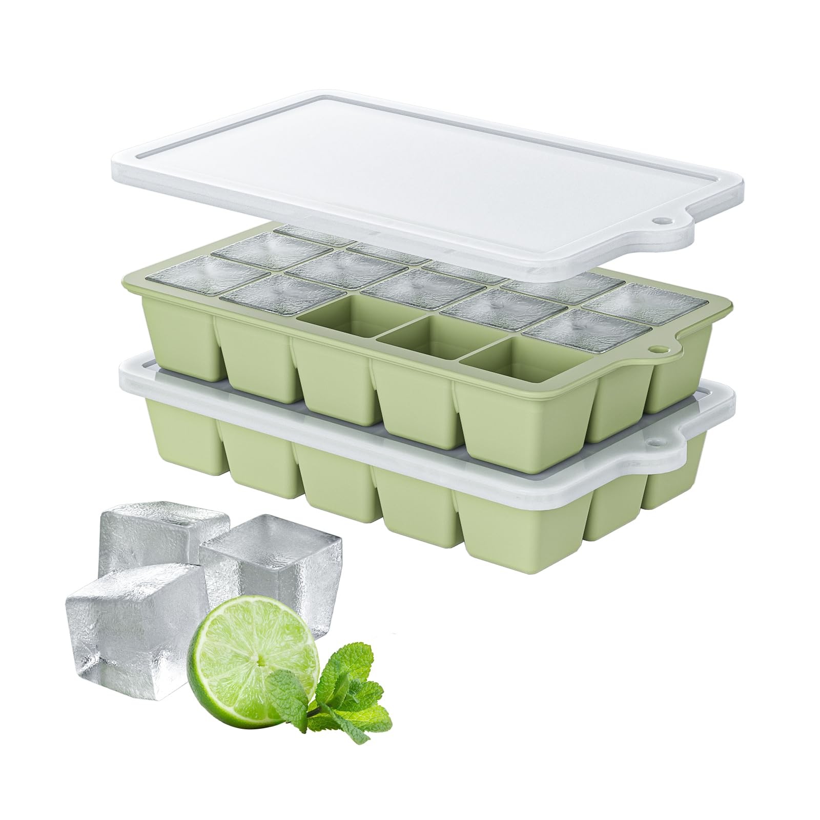 2 Pack Green Silicone Ice Cube Trays Easy Release with Lids