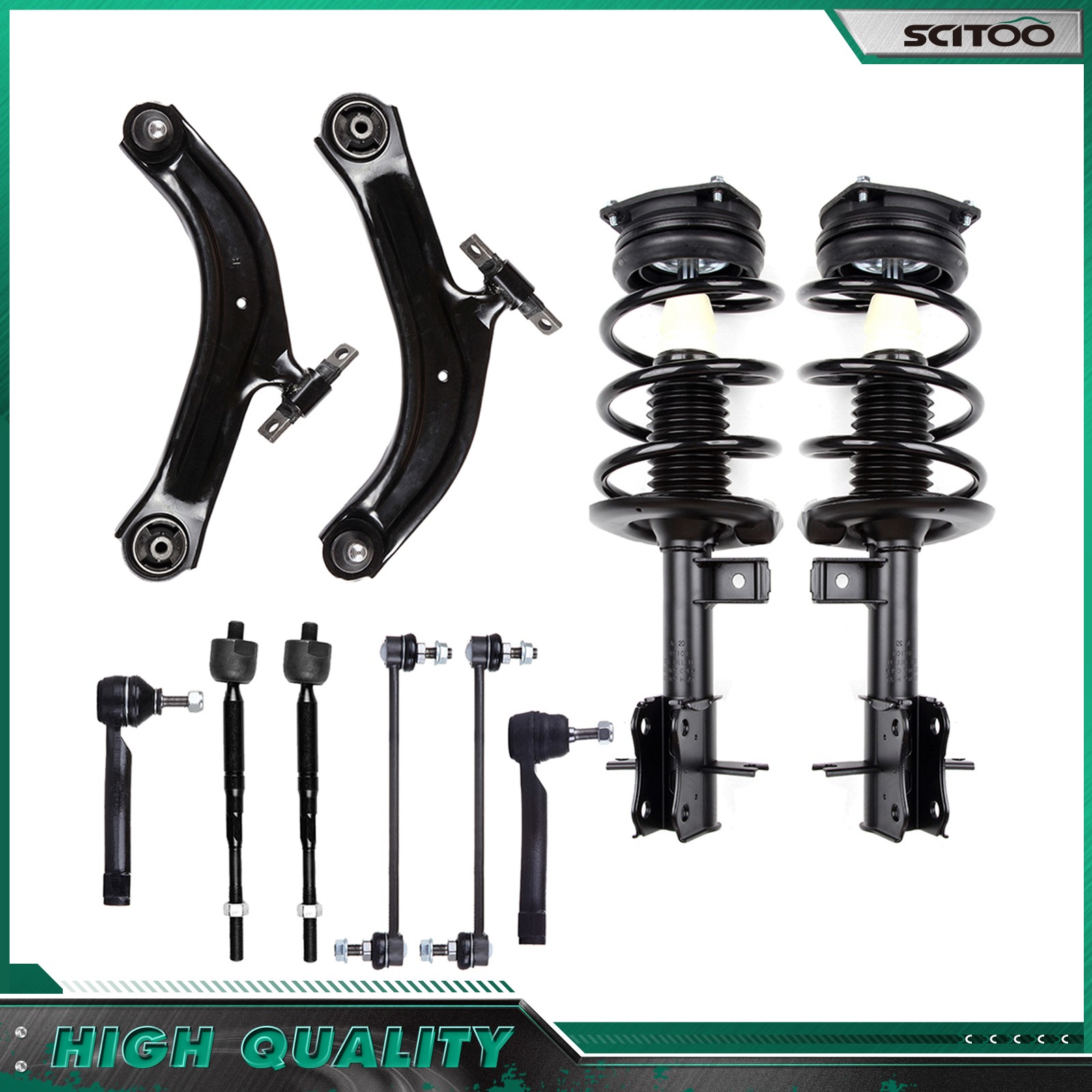 For 2007-2012 Nissan Sentra 2.0L Front Complete Struts Control Arms Tie Rods Kit