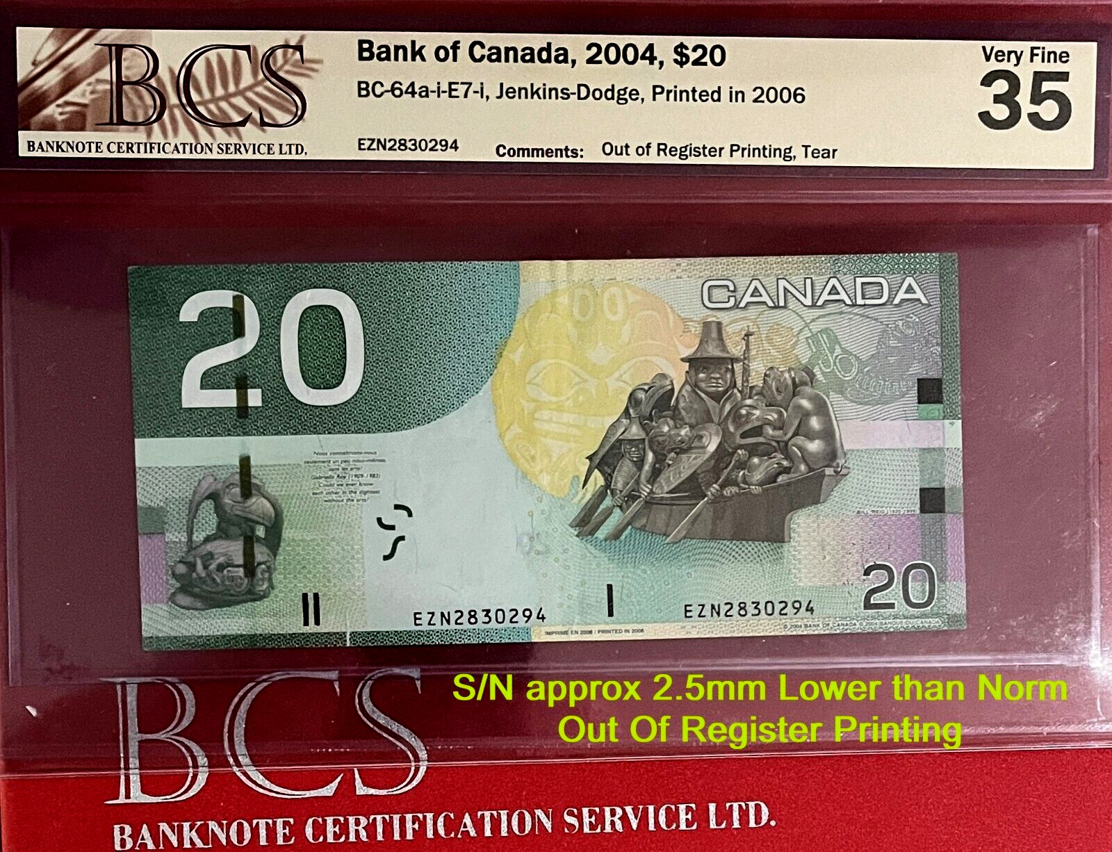💥MISPLACED LOW S/N ERROR💥 OUT OF REGISTER (Approx 2mm LOW) 2004 $20-BCS CERT