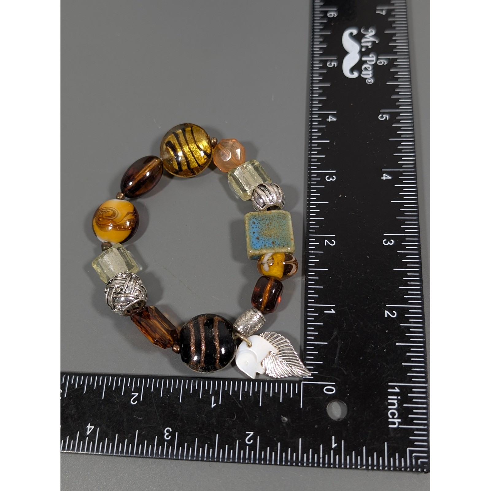 Elephant Charm Beaded Bracelet Art Glass Ceramic Shell Boho 7.5"