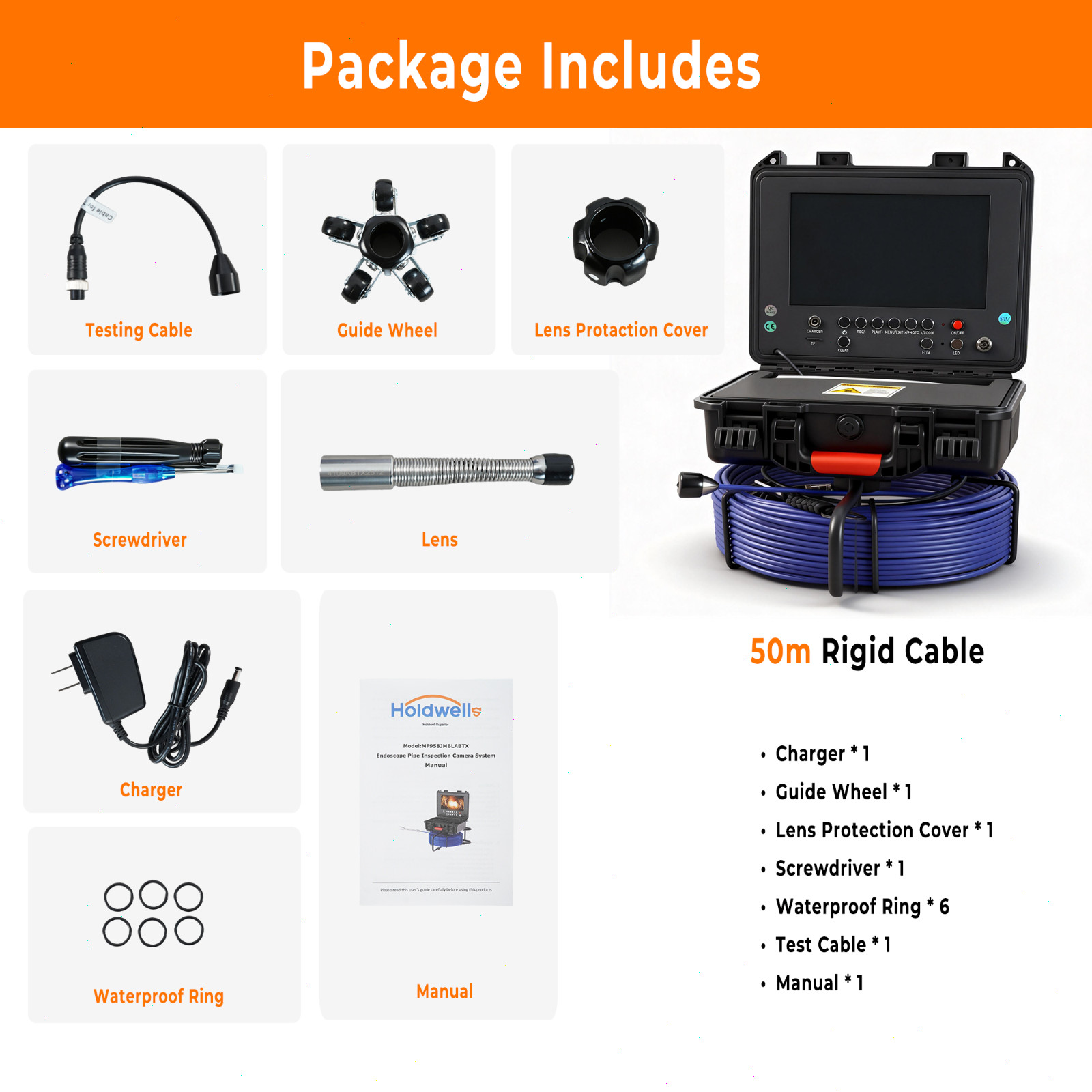 164ft Sewer Pipe Inspection Camera 512hz Self-leveling Pipe Camera 9" Display