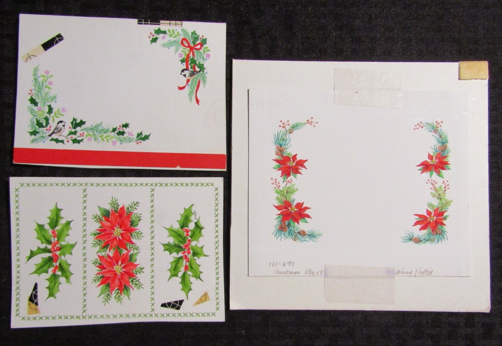 CHRISTMAS Poinsettia Border 3-Panel w/ Birds 7x7" Greeting Card Art LOT of 3