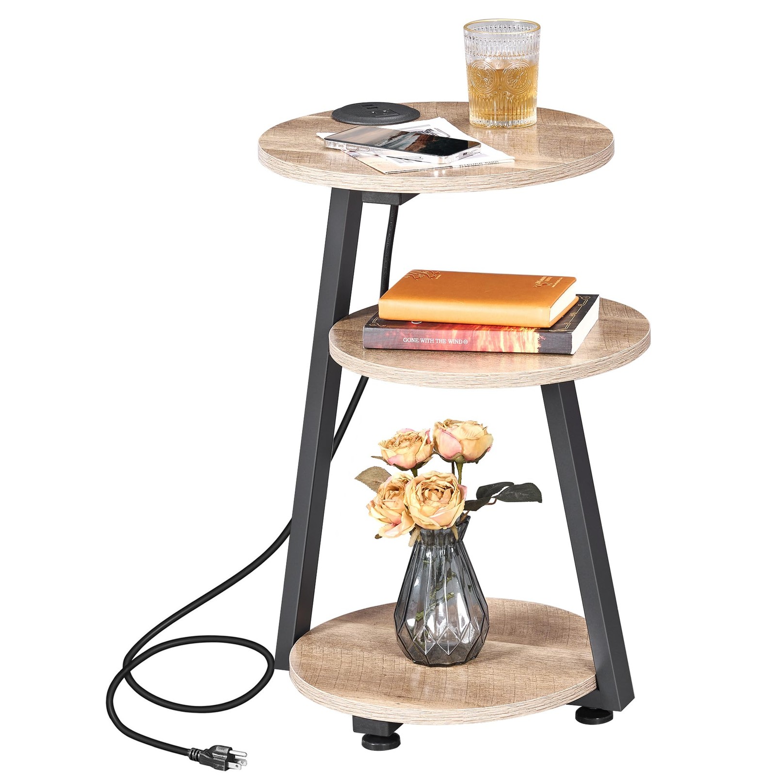BEWISHOME Round End Table with Charging Station, Side PowerOutlet, Beige