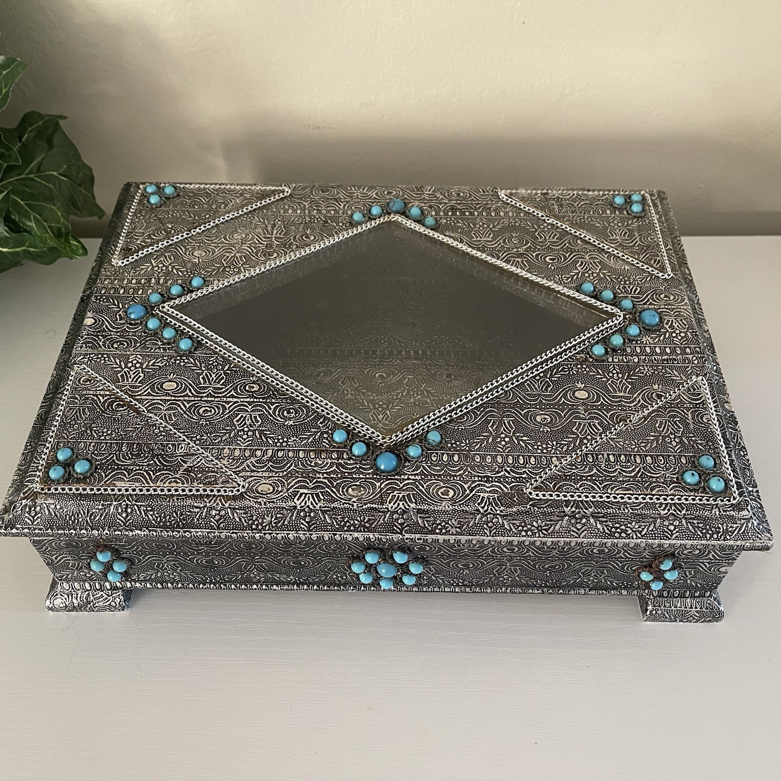 Middle Eastern Wooden Silver Metallic Jewelry Box Turquoise Beads Handcrafted