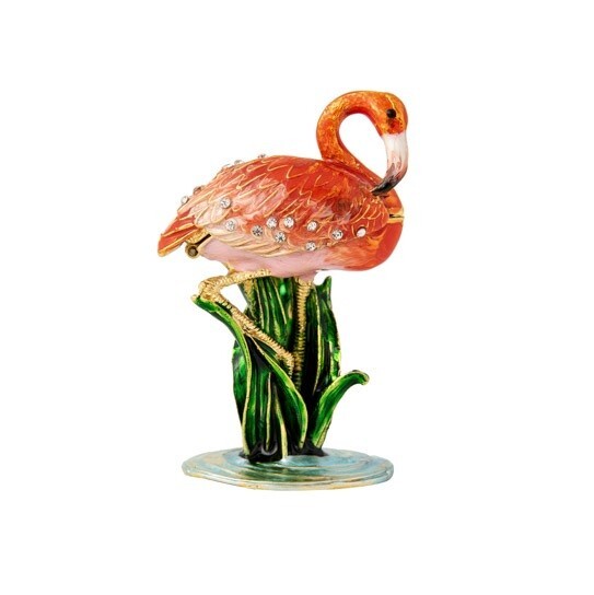 Pink Flamingo Trinket Box Bejeweled Rhinestone Enamel Metal Magnetic Closure