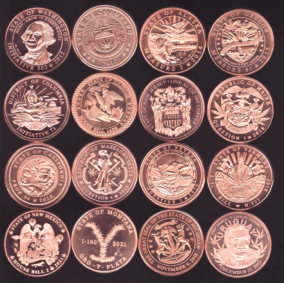 "Legalized"  CANNABIS   16 coin SET   1 oz. .999 AVDP  Copper Round Coins