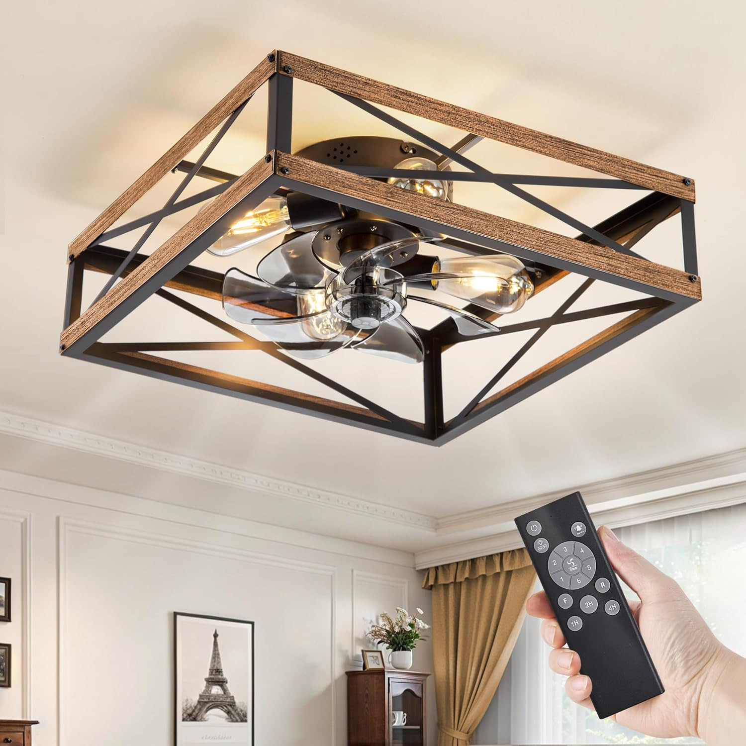 20” Caged Flush Mount Square Ceiling Fans with Lights and Remote | 6 Speed and R