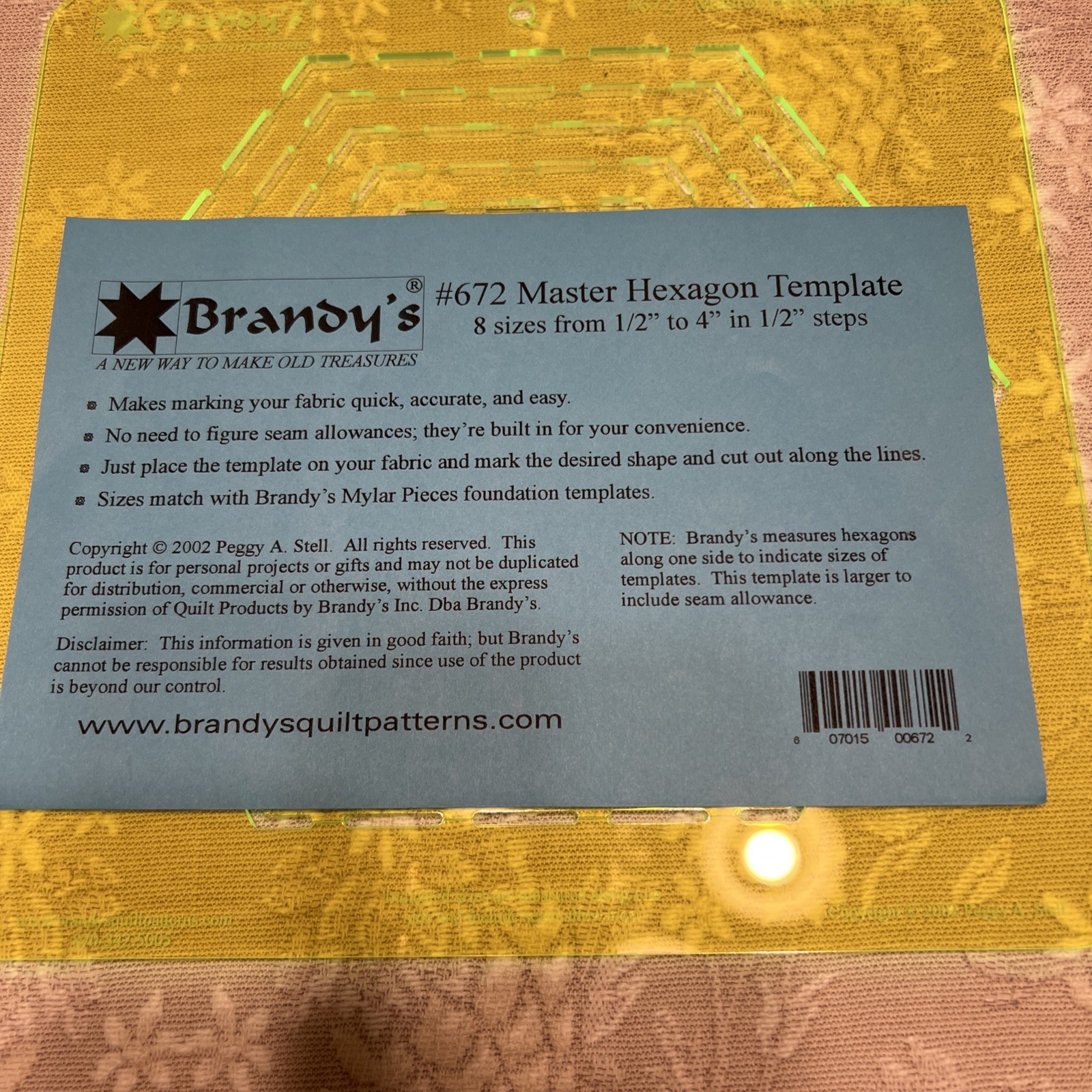 Brandy’s #672 Master Hexagon Template, 8 Sizes From 1/2” To 4”