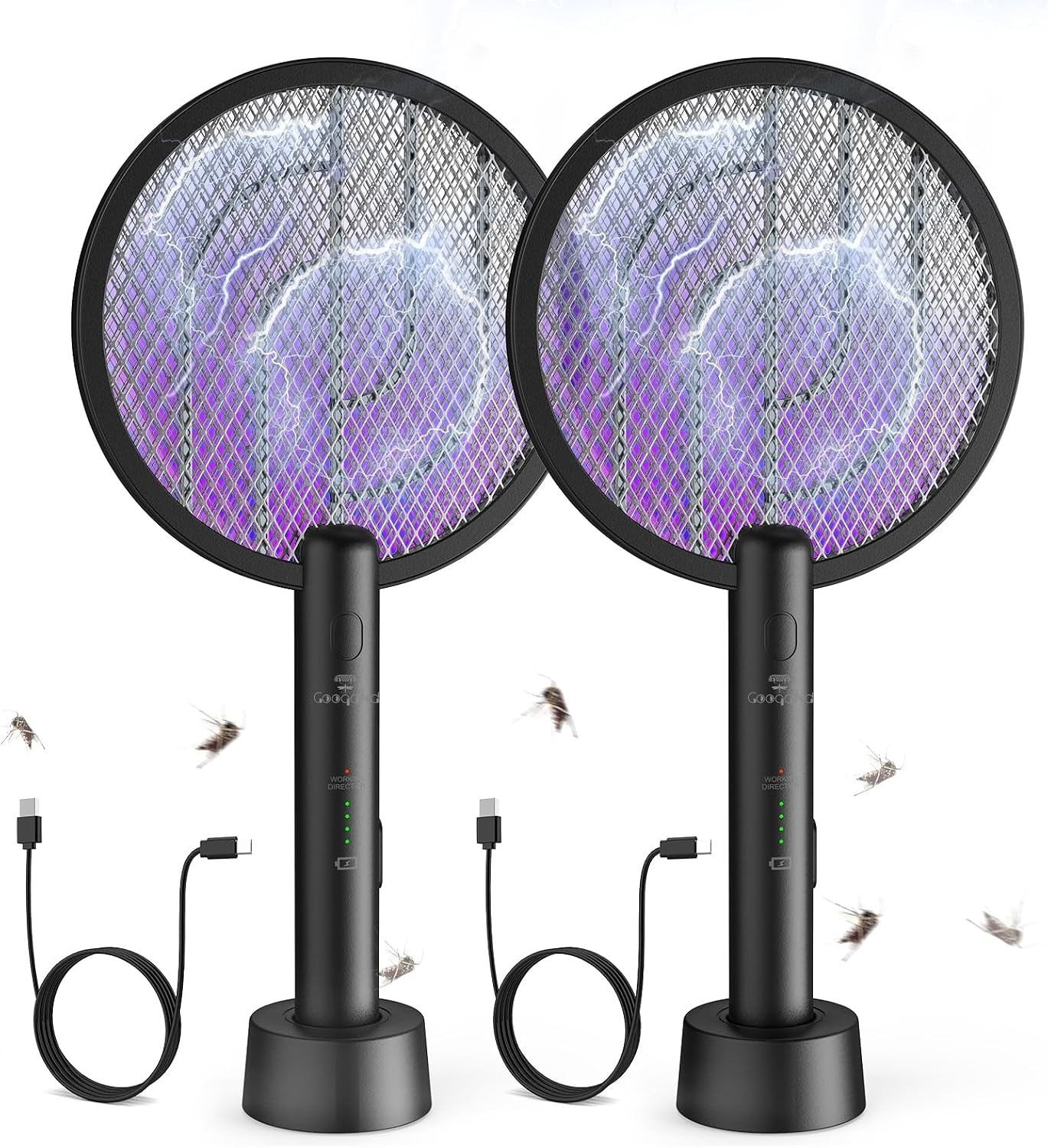 2 Mode Electric Fly Zapper Racket, USB Rechargeable - 2 Pack