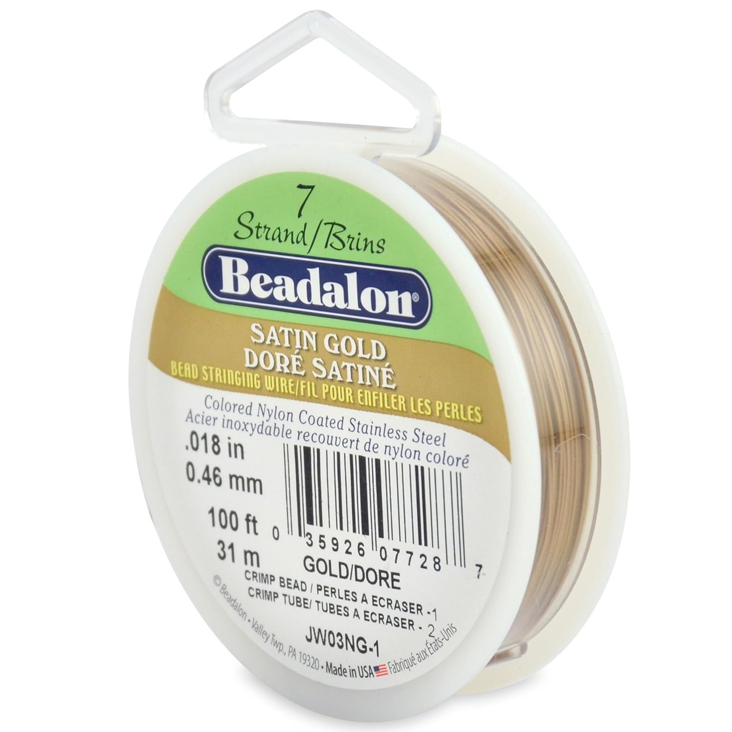 7 Strand Stainless Steel Bead Stringing Wire, 0.018 in / 0.46 Mm, Satin Gold, 10