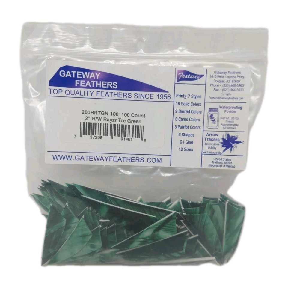 100 Pack Gateway Feathers 2" Right Wing: Rayzr Camo Tre Green 200RRTGN-100