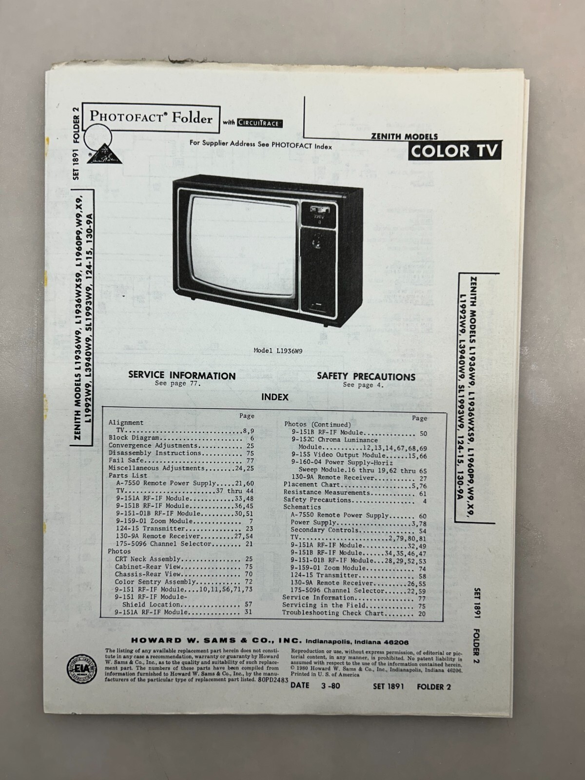 Zenith L1936 L1960 L1992 L3940 Service Manual Sams Photofact Free Shipping