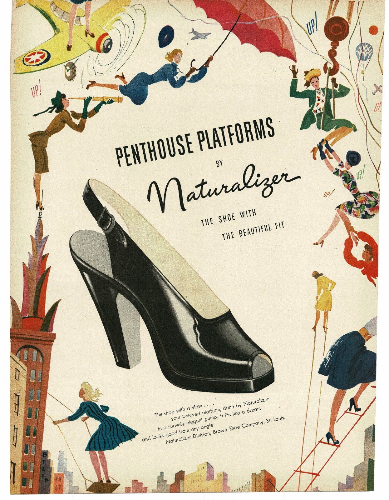1946 Naturalizer Penthouse Platforms Black High-Heel Women's Shoes art Print Ad