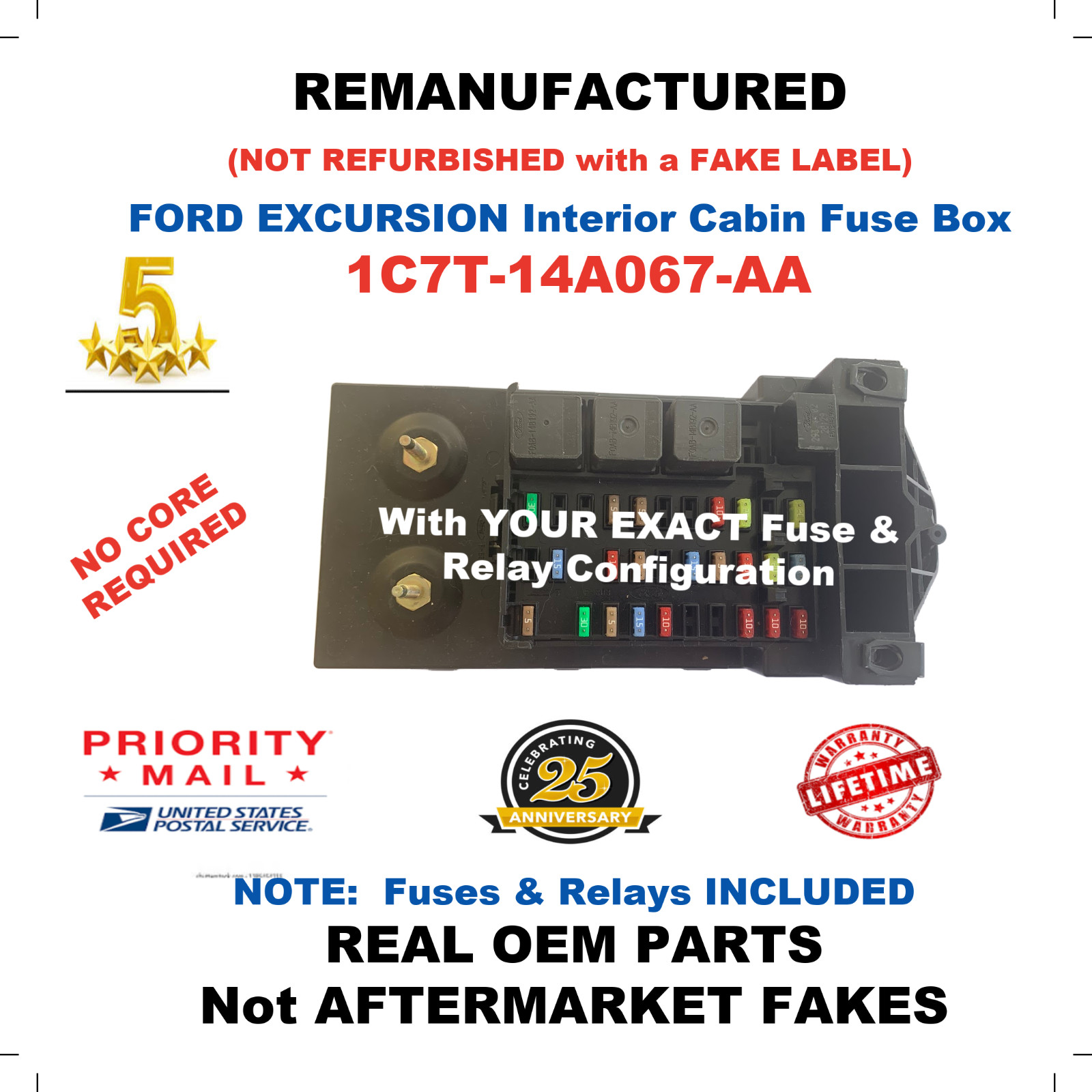 REMAN 1C7T-14A067-AA 2000 FORD EXCURSION XLT INTERIOR FUSE BOX w FUSES & RELAYS