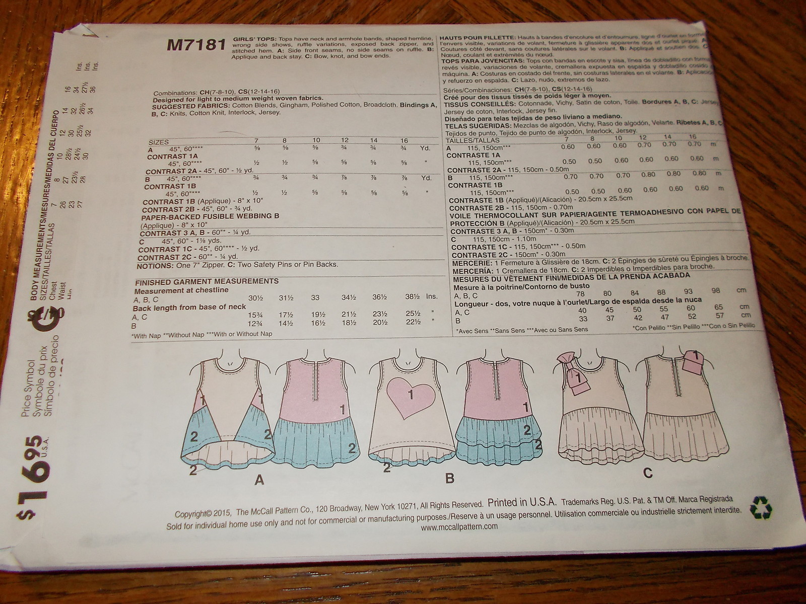 McCalls Pattern M7181 Girls LAURA LEE Tops w/Shaped Hems~Ruffles & Variations