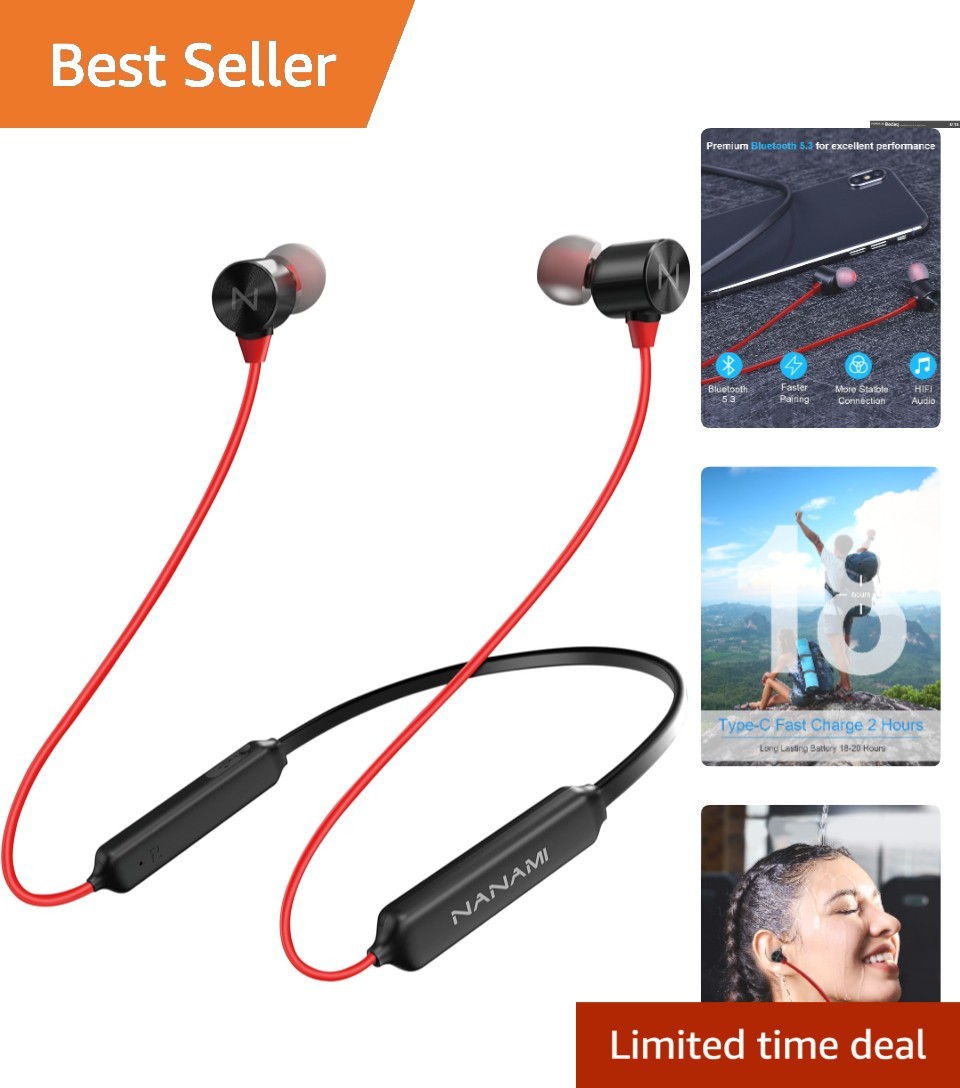 Sporty Red Bluetooth Earbuds, Noise Cancelling - Magnetic Neckband & 18H Play