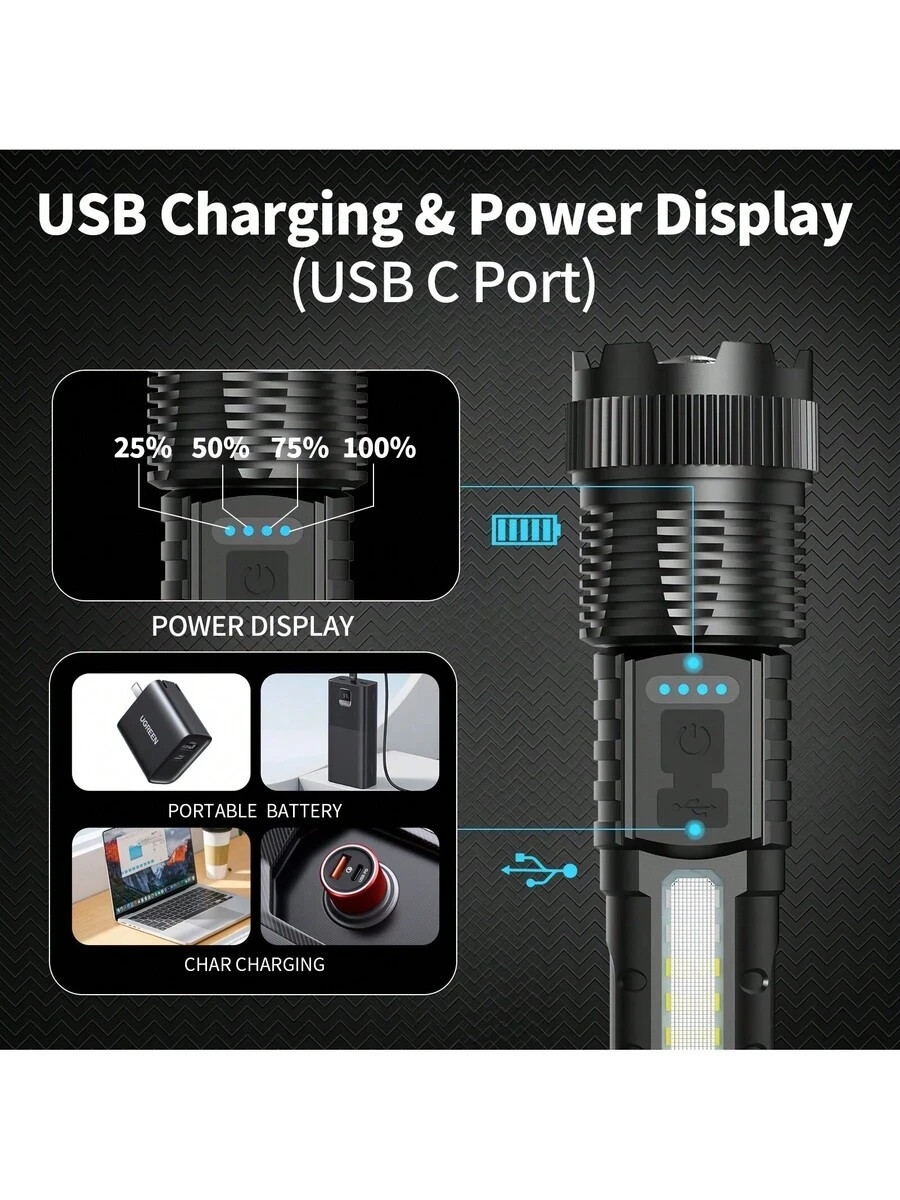 Rechargeable LED Flashlight 2 Pack High Lumens Zoomable USB C Tactical Light