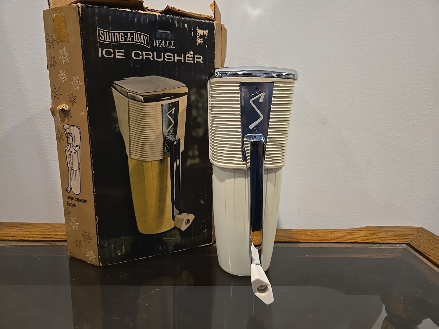 NOS Vintage SWING-A-WAY Wall Ice Crusher White & Chrome In Original Box MCM