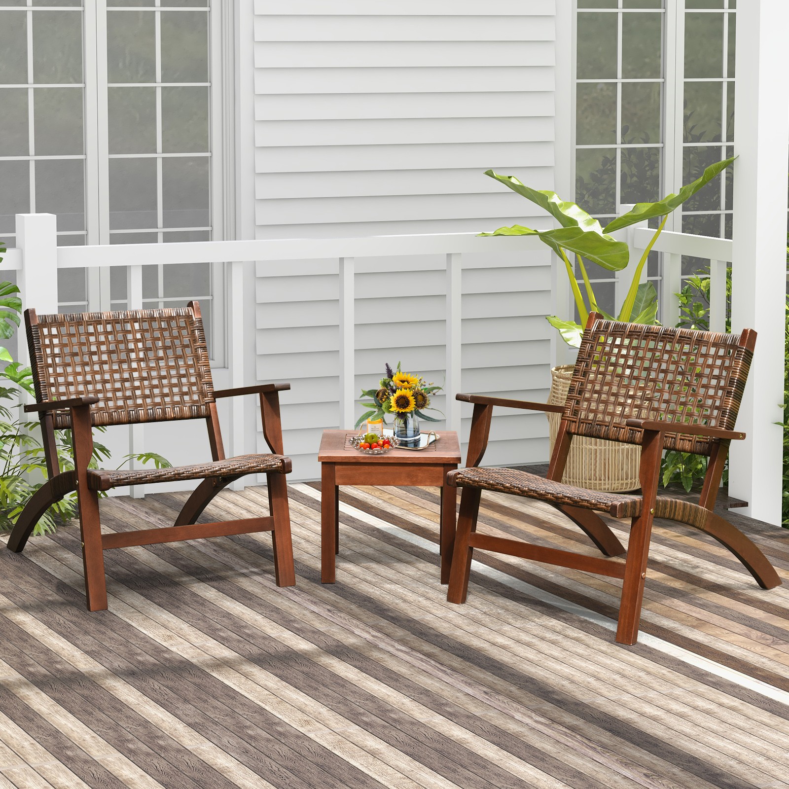 Topbuy 3 Pieces Outdoor Eucalyptus Wood Bistro Set Modern Hand-Woven PE Wicker